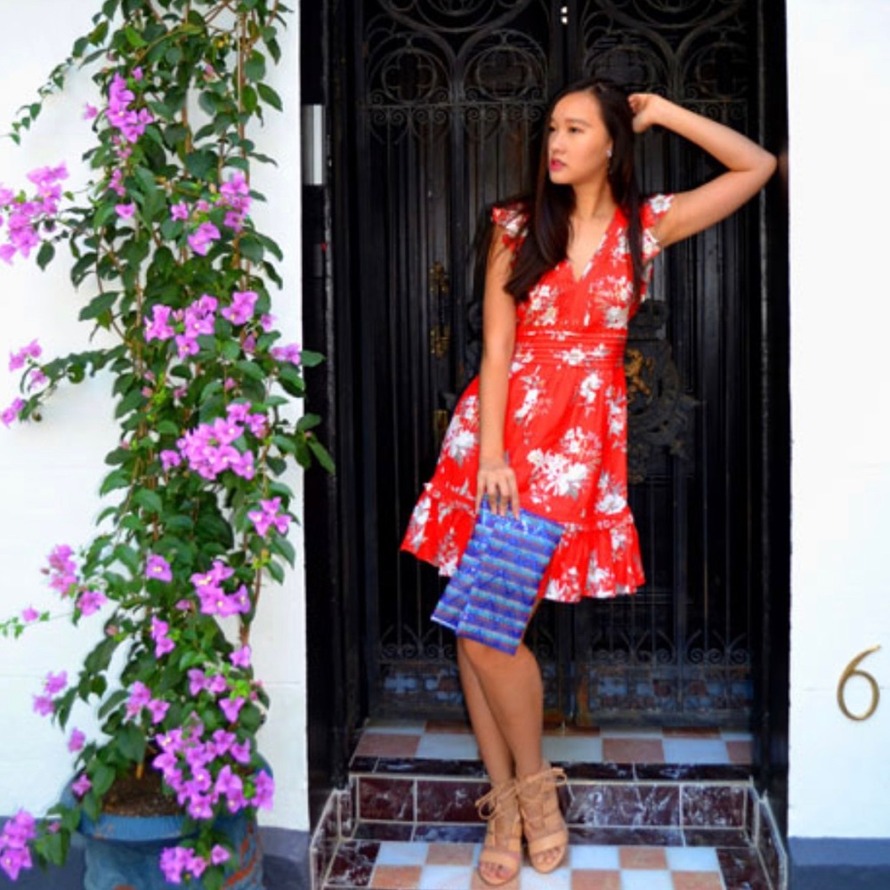 Red Floral Wrap Dress with Ruffle Hem - Women's